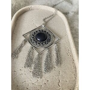 Silver Tone‎ Black Cabochon Boho Pendant Necklace Chain Tassel Fringe Gothic